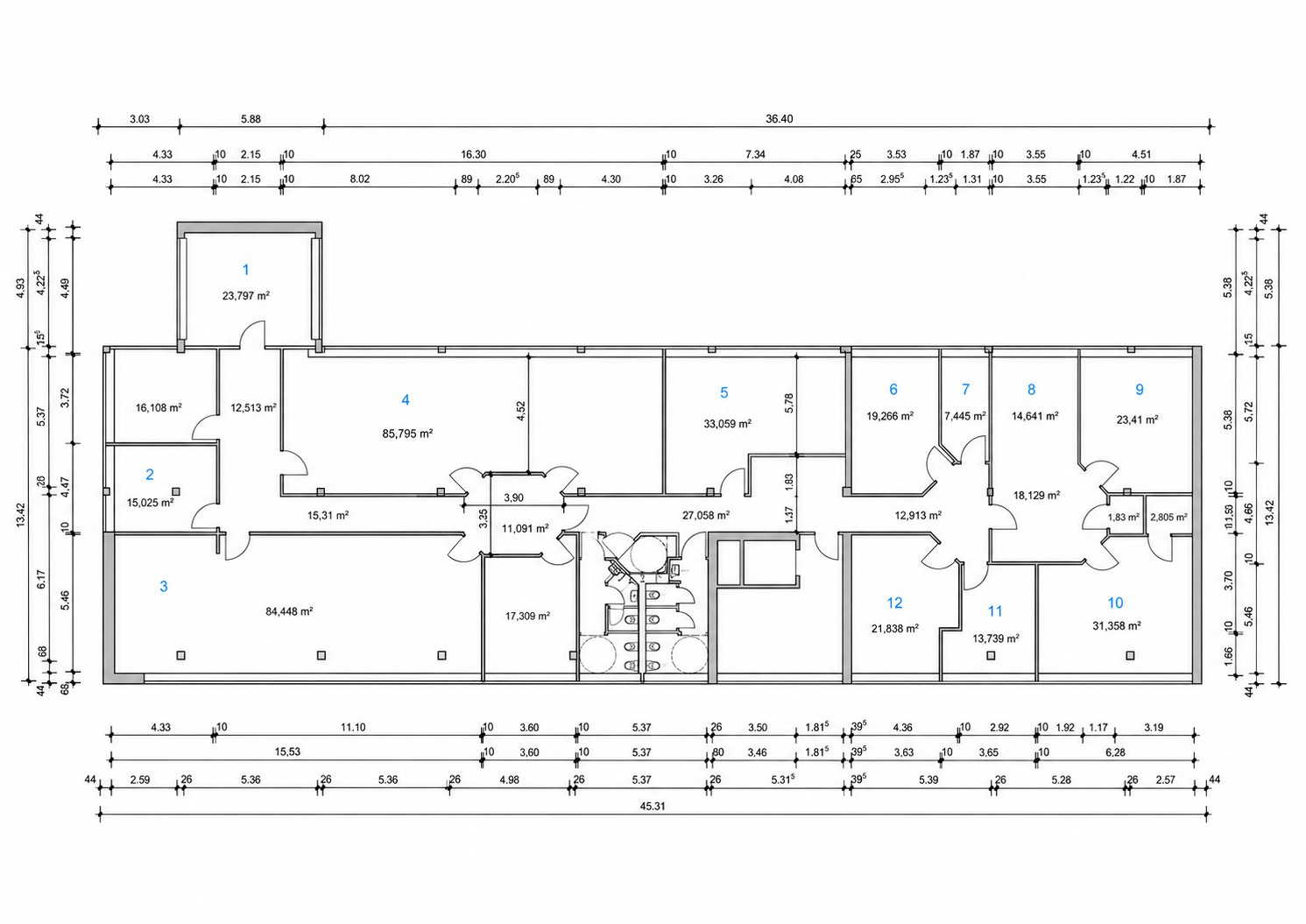 Grundriss der Penthouse-Etage, 3. OG, mit allen zwölf Büros und Gemeinschaftsflächen
